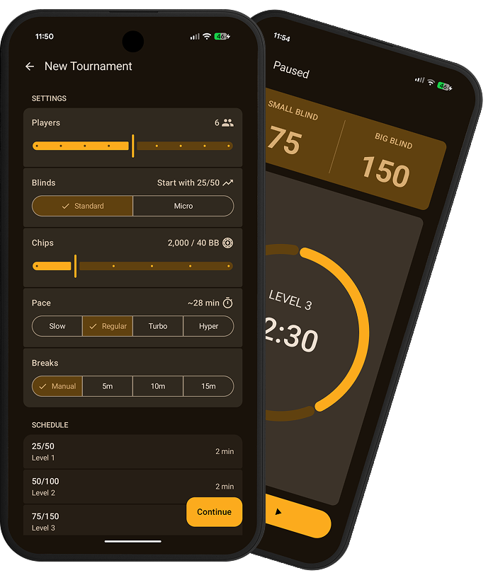 Tourney Ticker app screens showing tournament setup and active play.
